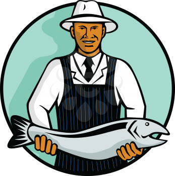 Mascot illustration of a black African American fishmonger holding a trout or salmon fish set inside circle on isolated white background done in retro style.