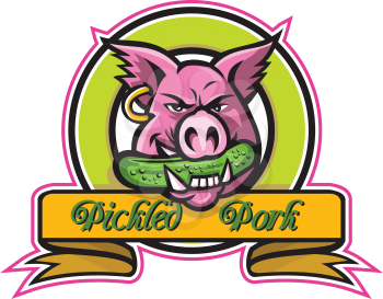 Mascot icon illustration of head of a wild pig, boar or hog biting a pickle or gherkin, a pickled cucumber set in circle with words Pickled Pork done in retro style.
