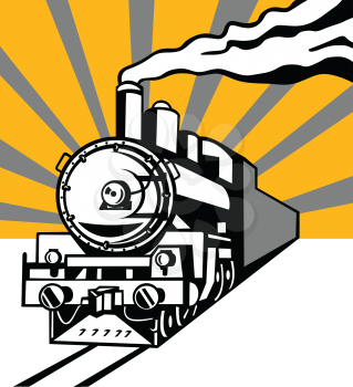 Retro style illustration of a vintage steam engine train or locomotive going towards the viewer with sunburst in background on isolated background.
