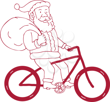 Cartoon drawing sketch style illustration of Santa Claus riding a bike bicycle holding bag of presents gifts on shoulder viewed from side on isolated background.