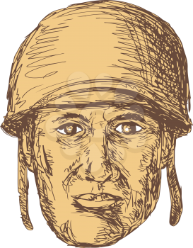 Drawing sketch style illustration of a WW2 or world war two American Soldier Head wearing a helmet viewed from front on isolated background.