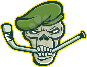 Mascot icon illustration of skull head of a green beret commando or elite light infantry or special forces soldier biting an ice hockey stick viewed from front on isolated background in retro style.