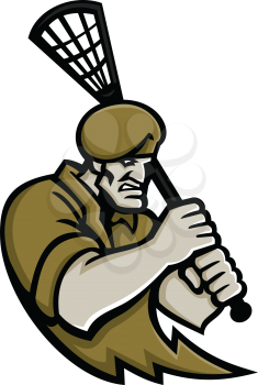 Mascot icon illustration of bust of a commando or elite light infantry or special forces soldier with lacrosse stick viewed from front on isolated background in retro style.