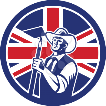 Icon retro style illustration of a British organic farmer holding a grab hoe with United Kingdom UK, Great Britain Union Jack flag set inside circle on isolated background.