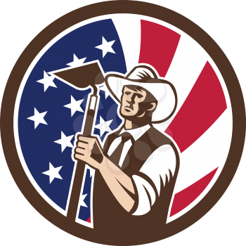 Icon retro style illustration of an American organic farmer holding a grab hoe with United States of America USA star spangled banner or stars and stripes flag inside circle isolated background.