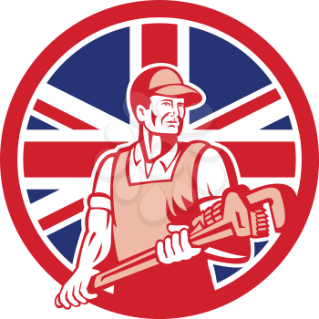 Icon retro style illustration of a British plumber and gasfitter holding monkey wrench with United Kingdom UK, Great Britain Union Jack flag set inside circle on isolated background.
