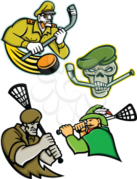 Mascot icon illustration set of lacrosse and ice hockey military and warrior mascots  of an army general, green beret skull, green archer and commando special forces on isolated background in retro style.
