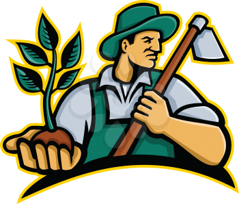 Mascot icon illustration of an organic farmer wearing a hat holding a plant by the palm of his hand with grab hoe on his shoulder looking to side on isolated background in retro style.