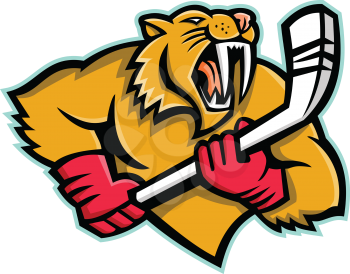 Mascot icon illustration of bust of a saber-toothed cat or Smilodon, with ice hockey stick viewed from front on isolated background in retro style.