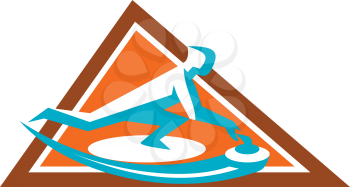 Icon style illustration of a Curling Player Sliding Stone viewed from side set inside Triangle on isolated background.