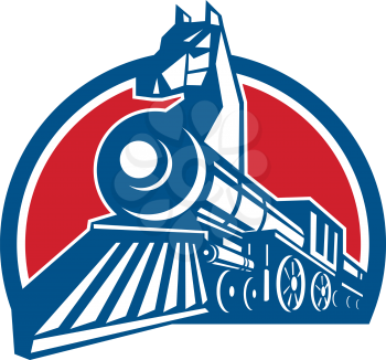 Retro style illustration of an Iron Horse, a steam train locomotive with horse head on the bow viewed from a low Angle set inside half Circle on isolated background.
