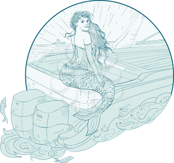 Drawing sketch style illustration of a Mermaid siren Sitting on Boat transom set inside circle on isolated background.