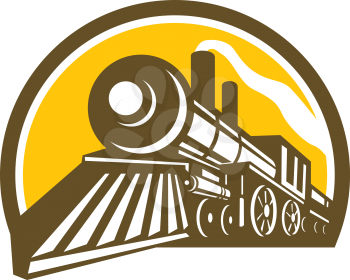 Icon style illustration of a Steam Locomotive railway Train viewed from a low angle set inside Circle on isolated background.