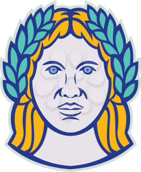 Mascot icon illustration of head of Ceres, a Roman agricultural deity with Demeter as Greek god equivalent wearing a laurel crown viewed from front on isolated background in retro style.
