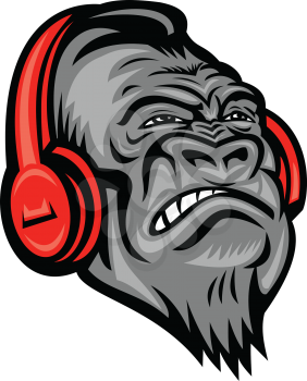 Mascot icon illustration of head of an angry gorilla or ape wearing a red headphones listening to music looking up viewed from front on isolated background in retro style.