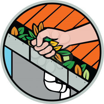 Icon retro style illustration of a hand cleaning a roof gutter, guttering, rain gutter, eavestrough or surface water collection channel clogged with leaves set inside circle on isolated background.