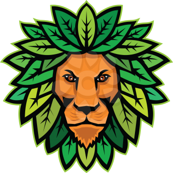 Mascot icon illustration of head of a lion with leaves as mane viewed from front on isolated background in retro style.