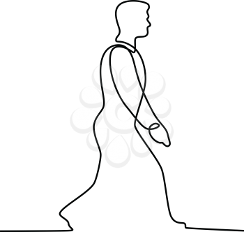 Continuous line illustration of male businessman man walking viewed from side done in black and white monoline style.