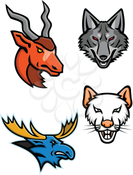 Mascot icon illustration set of heads of an addax, grey coyote, bull moose and a rat  viewed from front  on isolated background in retro style.