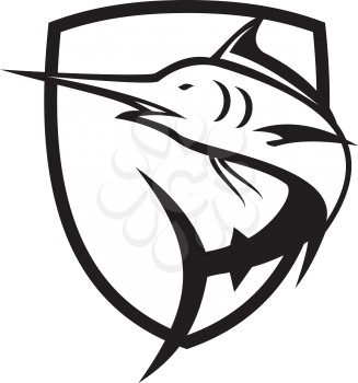 Retro style illustration of a blue marlin, billfish or sailfish jumping up set inside crest or shield on isolated background in black and white.