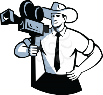Retro style illustration of a cowboy cameraman holding a vintage movie film camera with hands on hip viewed from front on isolated background.