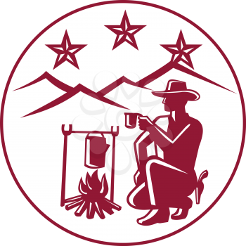 Icon retro style illustration of cowboy or rustler drinking coffee by campfire with hills and three stars set inside circle on isolated background.