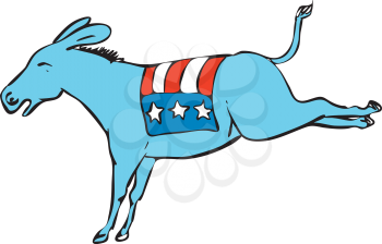 Drawing sketch style illustration of a donkey or jackass mascot with American USA stars and stripes flag on back kicking on isolated white background.