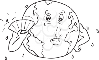 Black and white drawing sketch style illustration of the planet earth with fan fanning itself to keep cool due to global warming on isolated white background.