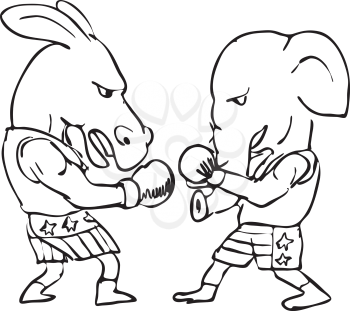 Illustration graphics showing a drawing of a donkey boxer and a elephant fighting in a boxing match wearing American stars and stripes shorts on white background done in black and white.
