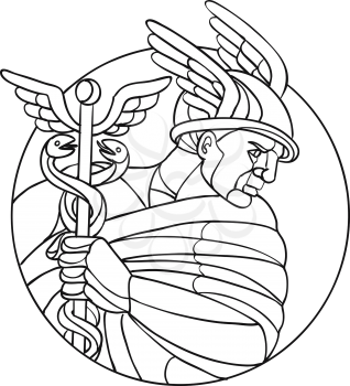 Mosaic low polygon style illustration of Mercury, Roman god of shopkeepers, merchants, travelers, transporters  thieves and tricksters or in Greek mythology, Hermes, messenger of gods black and white.
