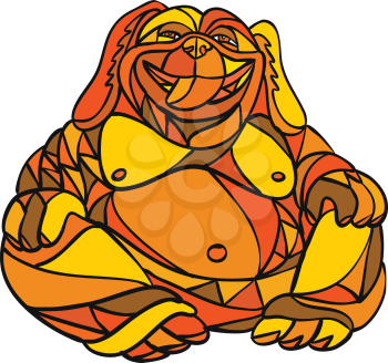 Mosaic low polygon style illustration of a laughing Buddha dog sitting viewed from front on isolated white background in color.