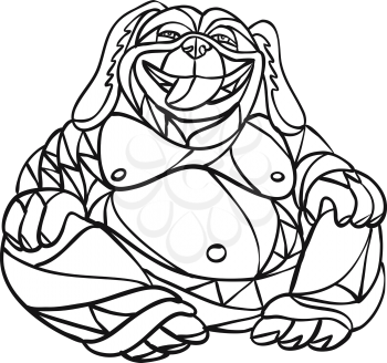 Mosaic low polygon style illustration of a laughing dog Buddha sitting viewed from front on isolated white background in Black and White.