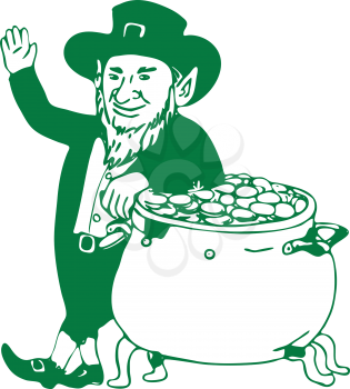 Illustration graphics showing a drawing of a green Irish Leprechaun,  type of fairy of the Aos Si in Irish folklore standing by pot of gold and waving on white background.