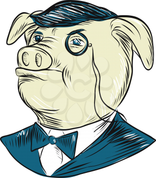 Drawing sketch style illustration of Mister Pig wearing a monocle and tuxedo bow tie looking forward on isolated white background.