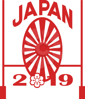 Icon retro style illustration of a rugby goal post and Japanese sakura and rising sun with words Japan 2019 on isolated background.