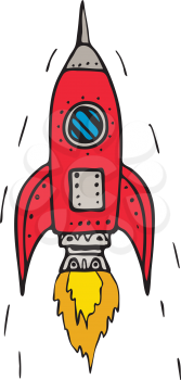 Drawing sketch style illustration of a vintage rocket ship blasting off on isolated white background.