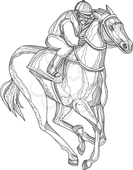 Doodle art illustration of a jockey or equestrian riding horse racing viewed from side on isolated background done in mandala style.