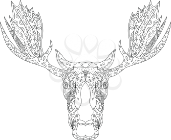 Doodle art illustration of a bull moose or elk head with viewed from front on isolated background done in mandala style on isolated background.