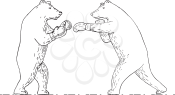 Drawing sketch style illustration of two grizzly bear boxer boxing punching viewed from side on isolated background in black and white.