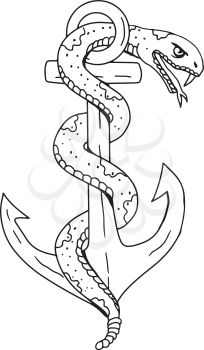 Drawing sketch style illustration of rattlesnake coiling around anchor on isolated background done in black and white.