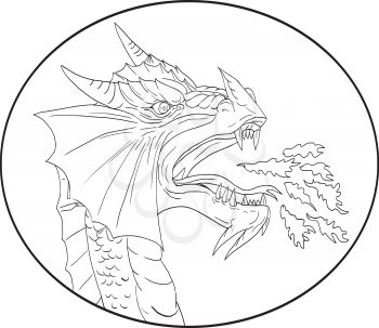Drawing sketch style illustration of a dragon breathing fire viewed from side set inside oval shape done in black and white.