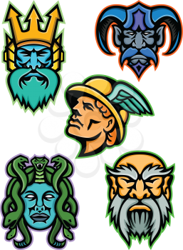 Mascot icon illustration set of heads of Greek mythology gods like Poseidon or Neptune, Hades, Hermes or Mercury, Medusa, a Gorgon, and Cronus or Kronos on isolated background in retro style.
