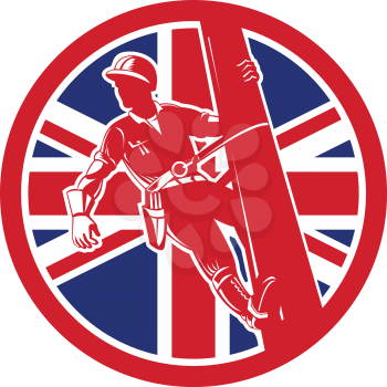 Icon retro style illustration of a British linesman or powerline worker on utility pole  with United Kingdom UK, Great Britain Union Jack flag set inside circle on isolated background.