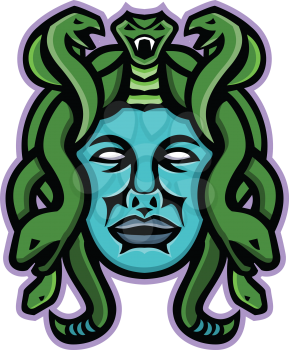 Mascot icon illustration of head of Medusa, in Greek mythology, a monster, a Gorgon, described as a winged human female with living venomous snakes in place of hair viewed from front in retro style.