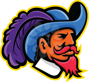 Mascot icon illustration of head of a musketeer or cavalier wearing a cavalier hat that  is wide-brimmed and trimmed with an ostrich plume viewed from side on isolated background in retro style.