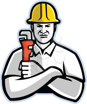 Mascot icon illustration of a pipefitter, a tradesperson who install, fabricate, maintain and repair mechanical piping systems, holding a pipe wrench  viewed from front in retro style.