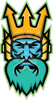 Mascot icon illustration of head of Poseidon, god of the Sea in Greek religion and myth, wearing a trident crown viewed from front on isolated background in retro style.