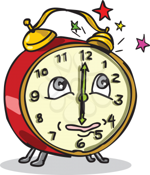 Cartoon style illustration of a traditional vintage mechanical spring-driven alarm clock setting off ringing alarm and waking up on isolated white background.