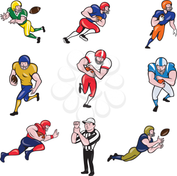 Set or Collection of cartoon character style illustration of American football player in different roles like quarterback, running back, center,wide receiver,tackle, guard and referee on isolated white background.