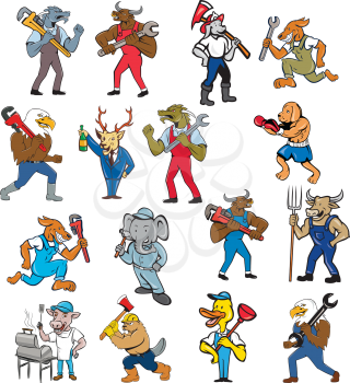 Set or collection of cartoon character mascot style illustration of different animals like bull, dog, elephant, deer as tradesman worker holding tool on isolated white background.
